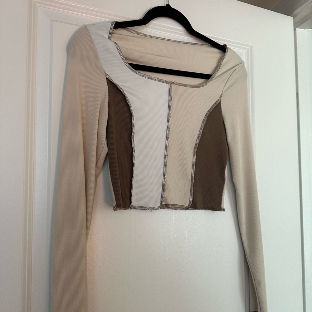 Amazon Cream and Brown Patchwork Crop Top